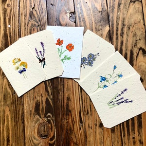 Papelería de flores silvestres, tarjeta de lavanda, tarjeta plantable, juego estacionario, papel de semillas plantable, tarjeta de felicitación en blanco, tarjeta de papel de semillas, campanillas
