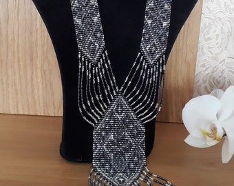 Ethnic necklace, beaded necklace, gray with silver color, folk Ukrainian necklace, handmade glass necklace, long gerdan, gift for her.