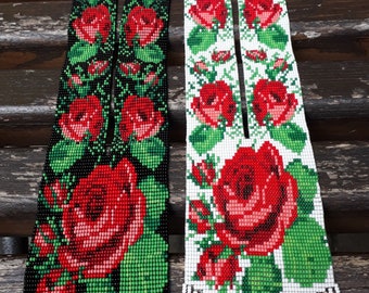 Traditional ukrainian long necklace Beaded necklace, vintage roses , ethnic necklace,  flowers, red rose,  folk Ukrainian necklace, handmade