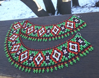 Embroidered necklace Ukrainian jewelry, Ukraine seed bead necklace, necklace green red, multicolor necklace necklace Boho, handmade necklace