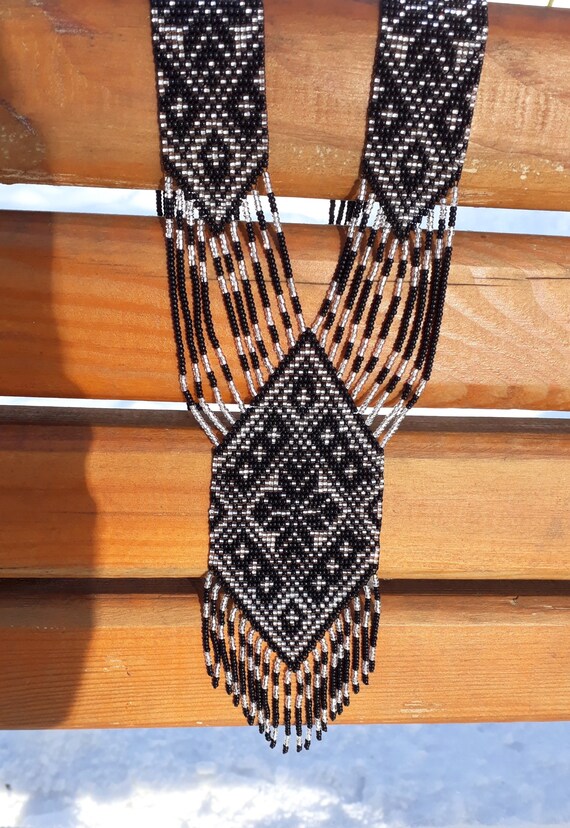 Ukrainian Gerdan, Beaded Necklace, Black With Silver Colors, Folk 