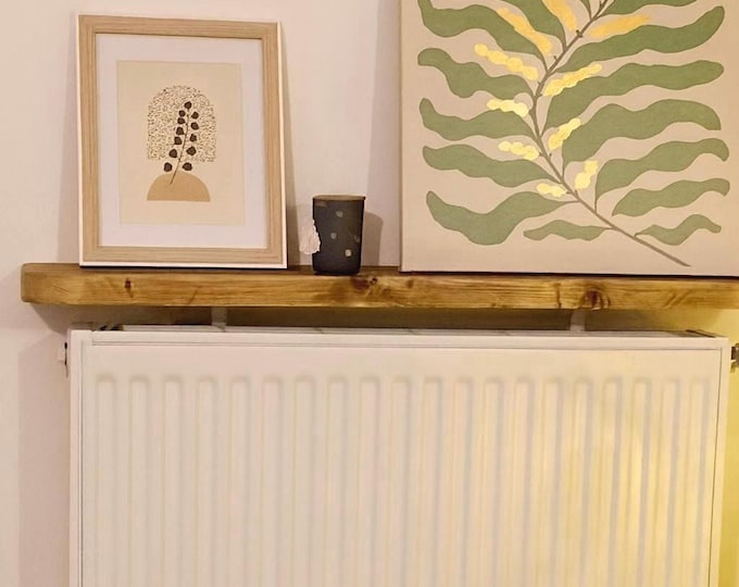 Featured listing image: Recycled scaffold-board radiator shelf – no-drill installation – compatible with standard radiators