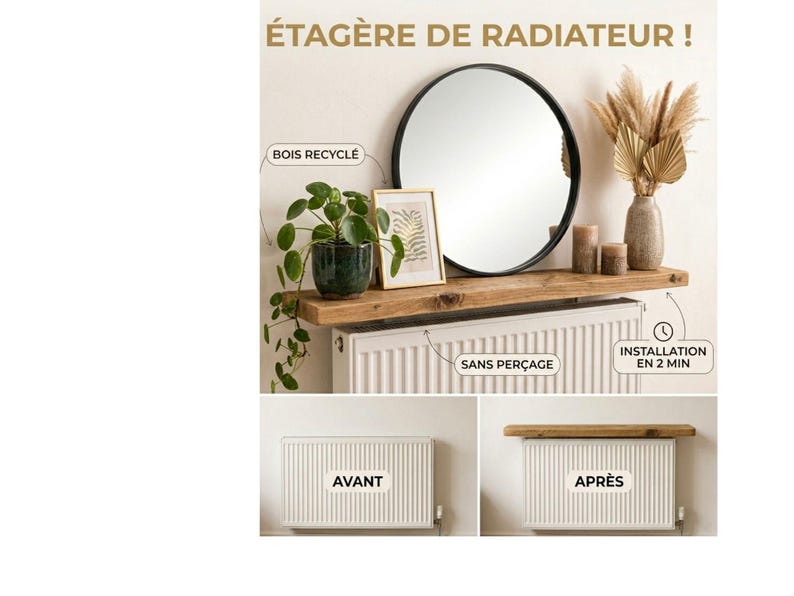 May include: A rectangular wooden radiator shelf made from recycled wood, designed for tool-free installation. The shelf is shown mounted above a white radiator, featuring a round black-framed mirror, a potted plant, a picture frame, and a vase.