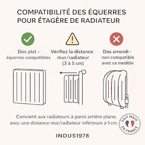 May include: An informational graphic titled COMPATIBILIT&Eacute; DES &Eacute;QUERRES POUR &Eacute;TAG&Egrave;RE DE RADIATEUR. It shows a flat-backed radiator as compatible, a wall-to-radiator distance of 3 to 5 cm, and a rounded radiator as incompatible. Text includes INDUS1978.