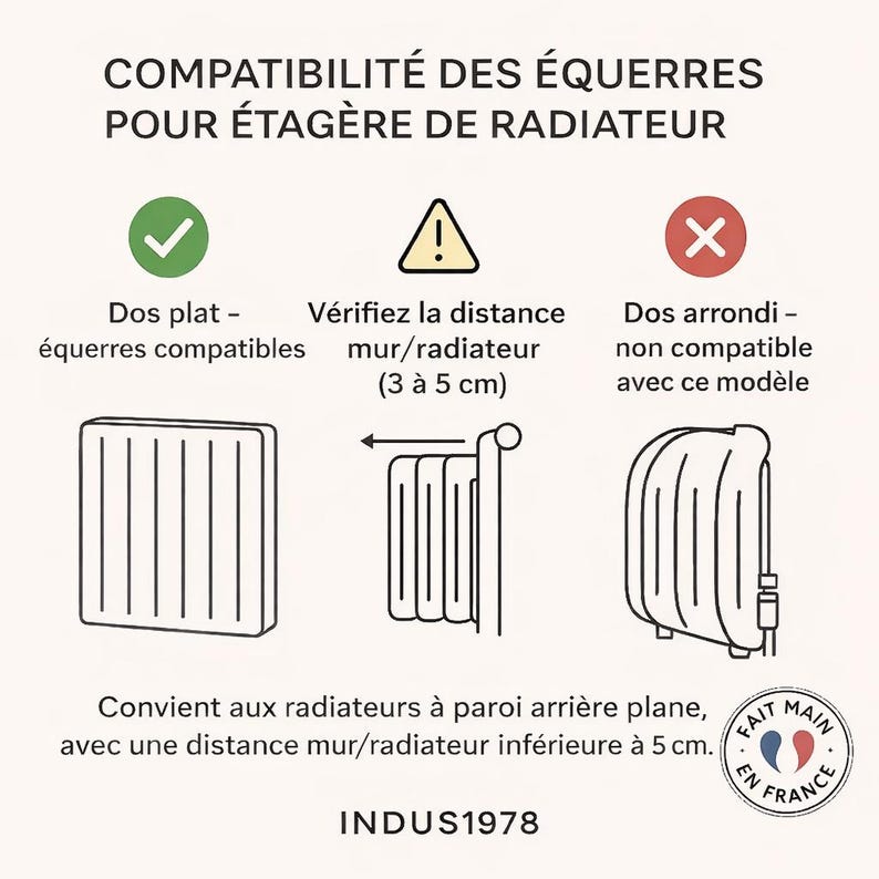 May include: An informational graphic titled COMPATIBILIT&Eacute; DES &Eacute;QUERRES POUR &Eacute;TAG&Egrave;RE DE RADIATEUR. It shows a flat-backed radiator as compatible, a wall-to-radiator distance of 3 to 5 cm, and a rounded radiator as incompatible. Text includes INDUS1978.