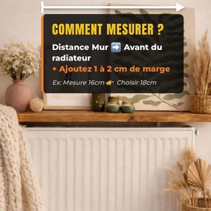 Tutoriel schéma pour mesurer la profondeur du radiateur. Flèche indiquant la distance entre le mur et l'avant du radiateur pour choisir la bonne taille de la tablette.