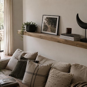 May include: A living room scene with a neutral color palette. A wooden shelf displays a framed picture, books, and decorative objects. A sofa with various pillows sits below the shelf. A lamp and a vase with greenery are also visible.