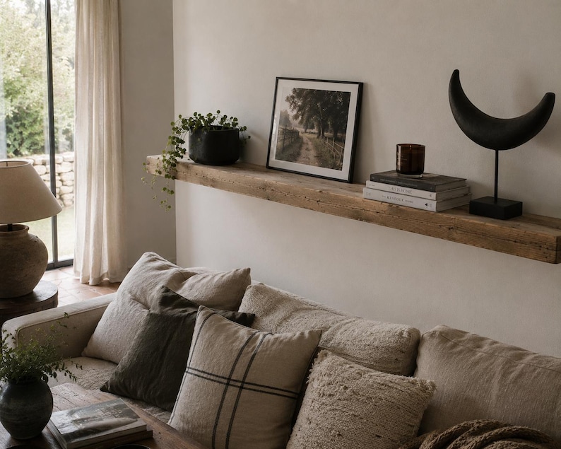 May include: A living room scene with a neutral color palette. A wooden shelf displays a framed picture, books, and decorative objects. A sofa with various pillows sits below the shelf. A lamp and a vase with greenery are also visible.