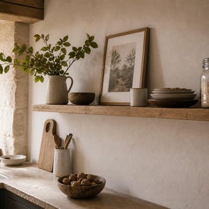 May include: A rustic kitchen scene with a wooden shelf holding a framed picture, plates, and a jar. A vase with green branches and a wooden bowl sit on the shelf. A cutting board and bowl of food are on the counter.