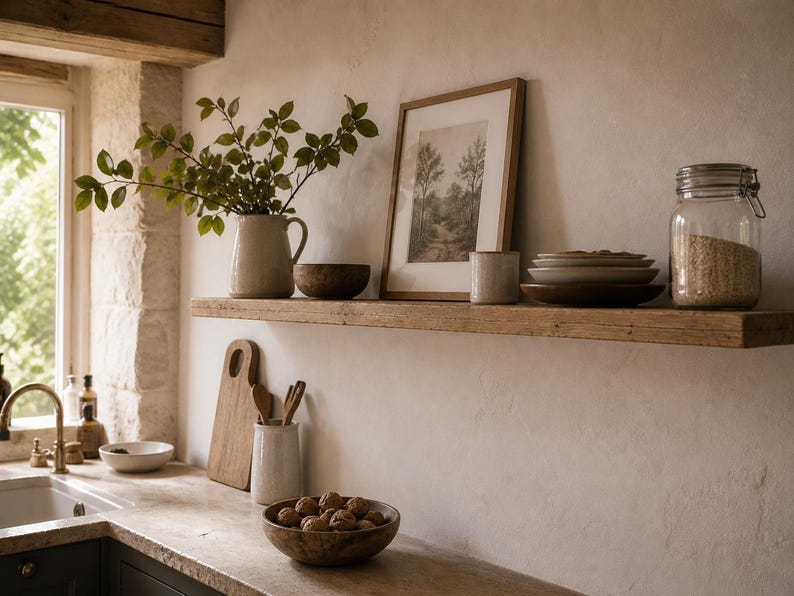 May include: A rustic kitchen scene with a wooden shelf holding a framed picture, plates, and a jar. A vase with green branches and a wooden bowl sit on the shelf. A cutting board and bowl of food are on the counter.