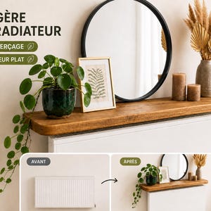 Pode incluir: Uma prateleira de madeira instalada acima de um radiador branco, adornada com uma planta em vaso, obras de arte emolduradas, velas e um vaso com flores secas. Um espelho redondo preto está pendurado na parede. O texto diz "ÉTAGÈRE DE RADIATEUR".