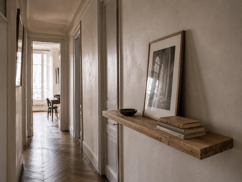 May include: A hallway with a wooden floor and white walls. A wooden shelf holds a framed black and white photograph, a small bowl, and several books. The hallway leads to a room with a window.