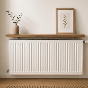 Könnte beinhalten: Ein weißer Metallheizkörper mit einem darüber montierten horizontalen Holzregal. Auf dem Regal steht eine beige Keramikvase mit einem grünen Blattzweig sowie ein gerahmter botanischer Druck mit einem einzelnen Pflanzenstiel in einem hellen Holzrahmen.