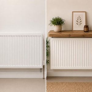May include: A white metal radiator shown in two states: alone on the left labelled Avant, and on the right labelled Apr&egrave;s with a thick wooden shelf installed above it, holding a potted plant, a framed leaf print, a candle, and a small vase.