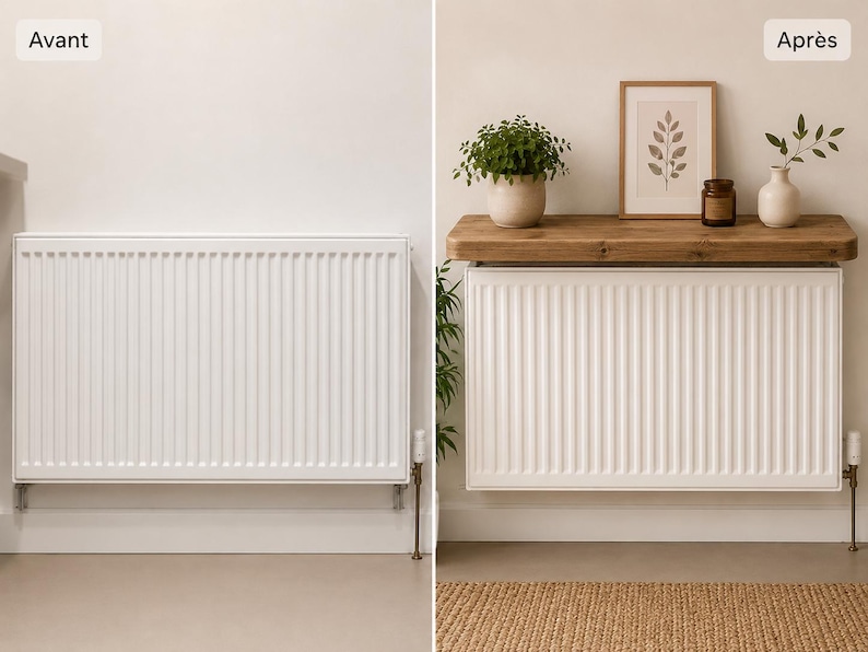 May include: A white metal radiator shown in two states: alone on the left labelled Avant, and on the right labelled Apr&egrave;s with a thick wooden shelf installed above it, holding a potted plant, a framed leaf print, a candle, and a small vase.