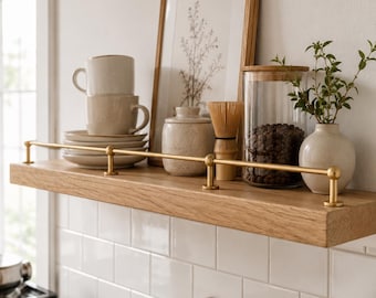 Oak Floating Shelf with Brass Rail – Solid Wood Wall Shelf for Kitchen – Modern Minimalist Shelf with Invisible Mount