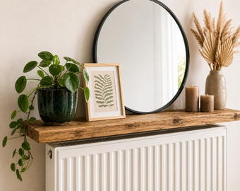 Heizkörper Ablage Flachheizkörper ohne Bohren — Recyceltes Gerüstholz Maßgefertigt — Industrial Style