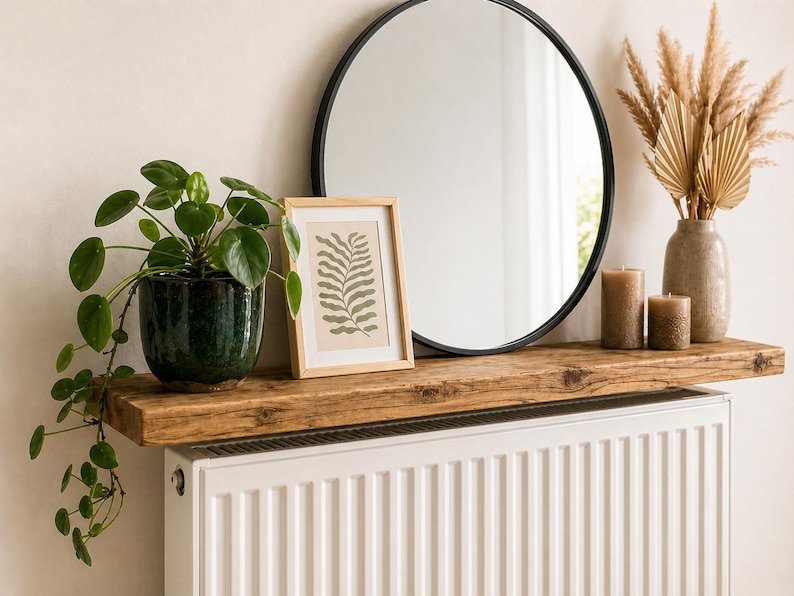 May include: A rustic wooden shelf mounted above a white radiator. The shelf holds a green Pilea plant in a dark pot, a light wood picture frame with a fern illustration, a round black mirror, two brown candles, and a vase with dried foliage.