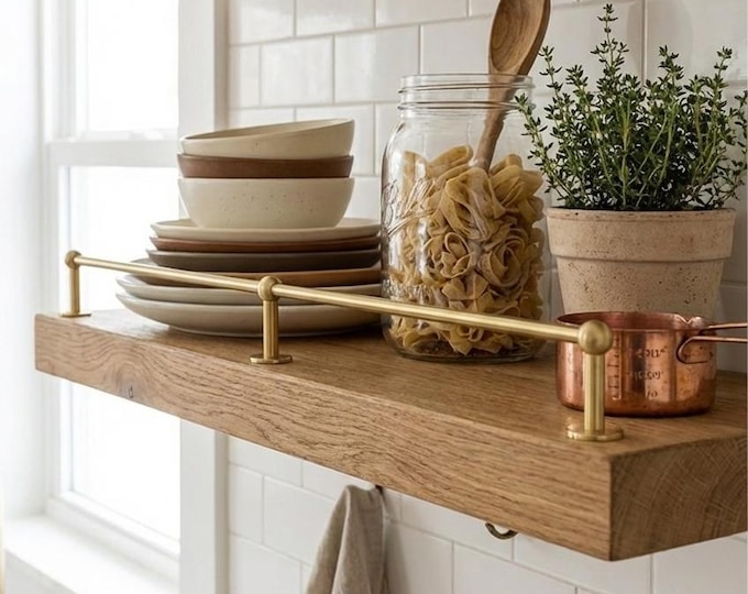 Featured listing image: Gallery rail in solid satin brass, 25 or 50 cm rod, brass bracket, for wall shelf, kitchen, living room or bookcase