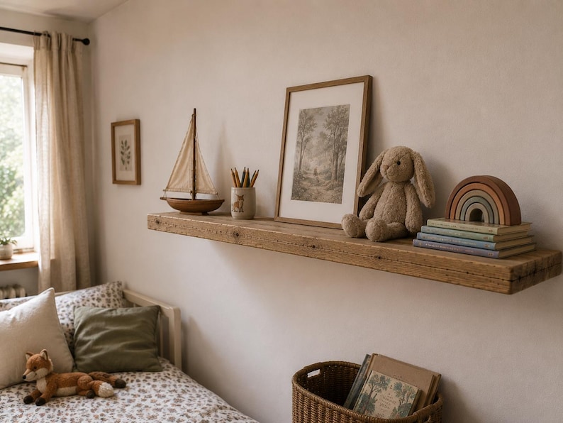 May include: A rustic wooden shelf displays a framed landscape print, a plush bunny, a wooden rainbow, and a stack of books. A toy sailboat and a pencil holder with pencils are also on the shelf. A toy fox rests on a bed with pillows.