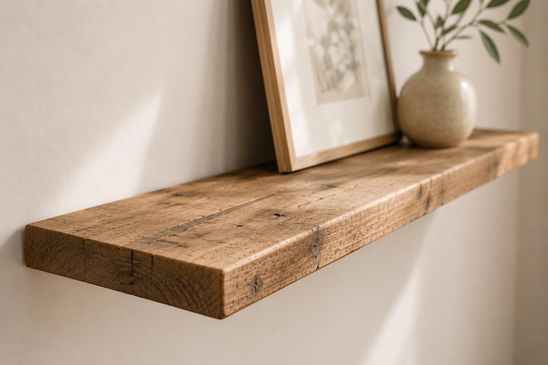 Reclaimed Wood Floating Wall Shelf – Invisible Fixings – 19.5 cm Deep image 1
