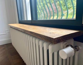 Handcrafted radiator shelf made from recycled scaffold wood. Easy installation with no drilling. Fits flat-back cast iron radiators