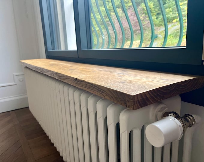 Featured listing image: Handcrafted radiator shelf made from recycled scaffold wood. Easy installation with no drilling. Fits flat-back cast iron radiators