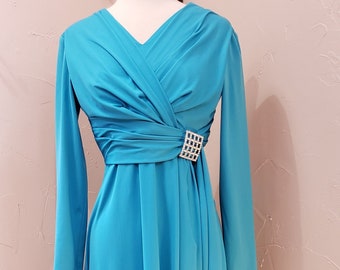 SYLVIA ANN Vintage 70's Turquoise Blue Poly Wrap Maxi Gown