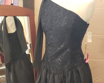 CACHE' Vintage 80's Black Sequin Drop Waist Tea Length Black Tie Prom Dress