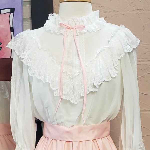 DANCE ALLURE Vintage 60's Little Bo Peep Pink and White Prairie Costume Flirty Modest Midi Dress