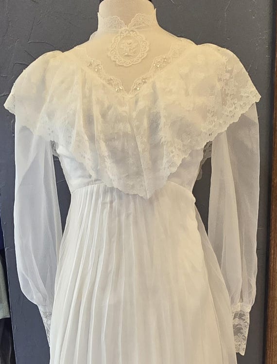 accordion pleated wedding dress Vintage 1970s Victorian Lace Wedding Gown, Accordion Pleat Empire Waist,  Petite