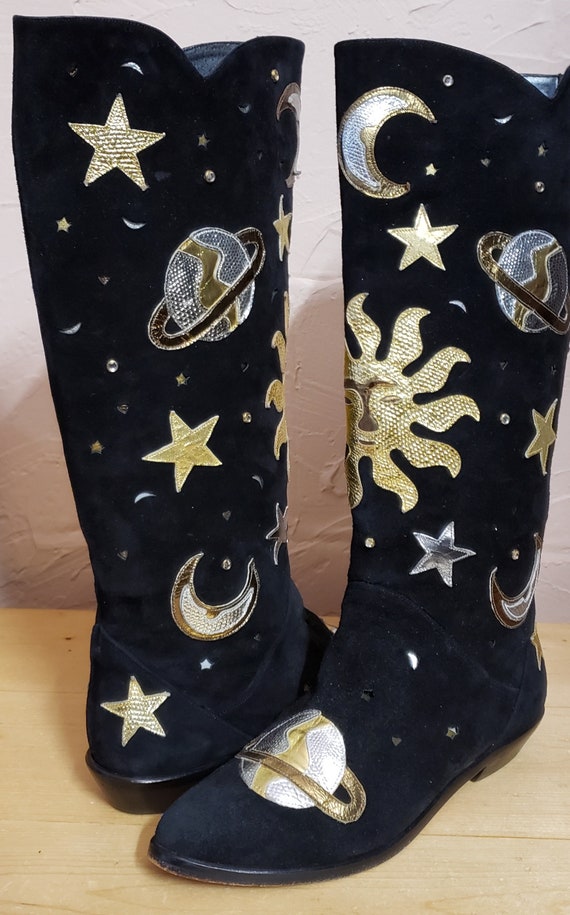 ZALO Vintage Suede Sun Moon & Stars Cowgirl Boots