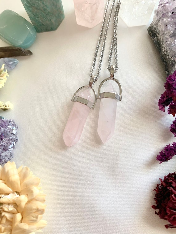 Bullet Pencil Natural Rose Pink Quartz Crystal Stone Pendant Chain – ZIVOM