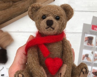Needle Felting Kit - Teddy Bear. Learn to make a sweet little bear from natural wool fibres. A craft kit for adults. A perfect teacher gift.