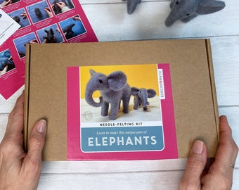 Needle Felted Elephant Kit. A gorgeous craft set for adults. Learn to scuplt animals from wool with detailed tutorial and soft merino fibres