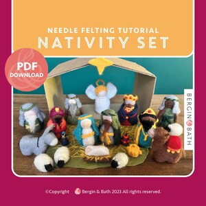 Könnte beinhalten: Eine PDF-Download-Anleitung zum Nadelfilzen einer Weihnachtskrippe. Das Bild zeigt eine Weihnachtskrippe aus Filz mit Figuren von Maria, Josef, Jesuskind, den drei Weisen, einem Engel, einem Esel und zwei Schafen. Die Szene ist in einem Kartonstall mit einem gelben Stern obenauf aufgebaut.
