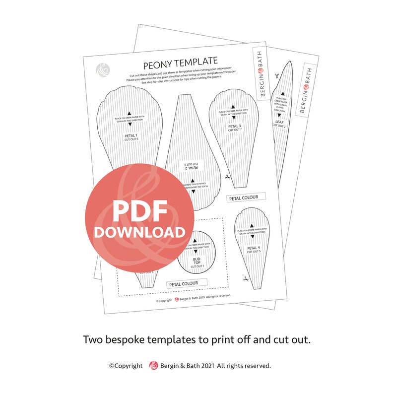 Może przedstawiać: Drukowany szablon PDF do tworzenia kształt&oacute;w kwiat&oacute;w piwonii. Szablon zawiera instrukcje dotyczące wycinania płatk&oacute;w i liści. Tekst na szablonie brzmi "Szablon piwonii" i "Bergin & Bath".