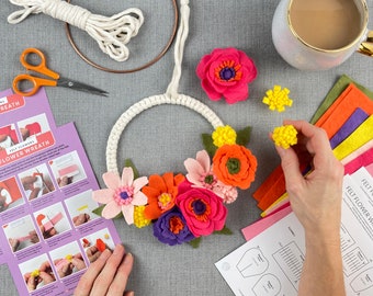 Felt Flower Wreath Kit. Make a DIY floral wreath with this craft kit for adults. Learn macrame and flower making skills.