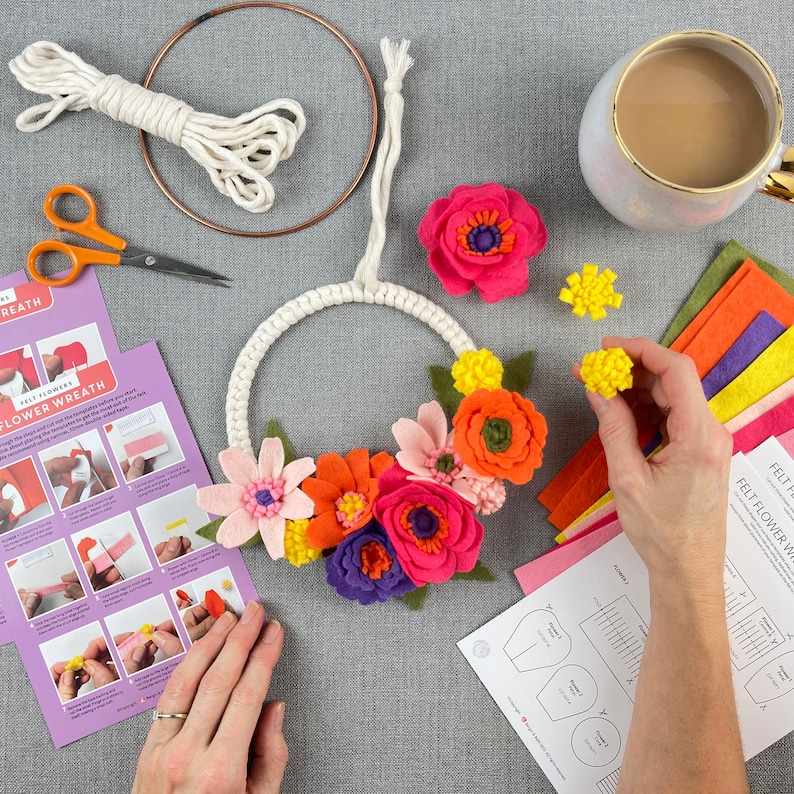 Felt Flower Wreath Kit. Make a DIY floral wreath with this craft kit for adults. Learn macrame and flower making skills. image 1