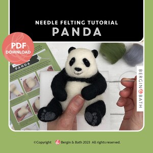 May include: A needle felting tutorial for making a panda. The tutorial includes a PDF download and step-by-step instructions. The image shows a partially completed panda made of wool felt, along with a needle felting tool and a piece of foam.