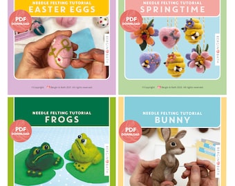 Easter Needle Felting Download Bundle. Four patterns to make an Easter Bunny, Easter eggs, Frogs and Springtime decorations.