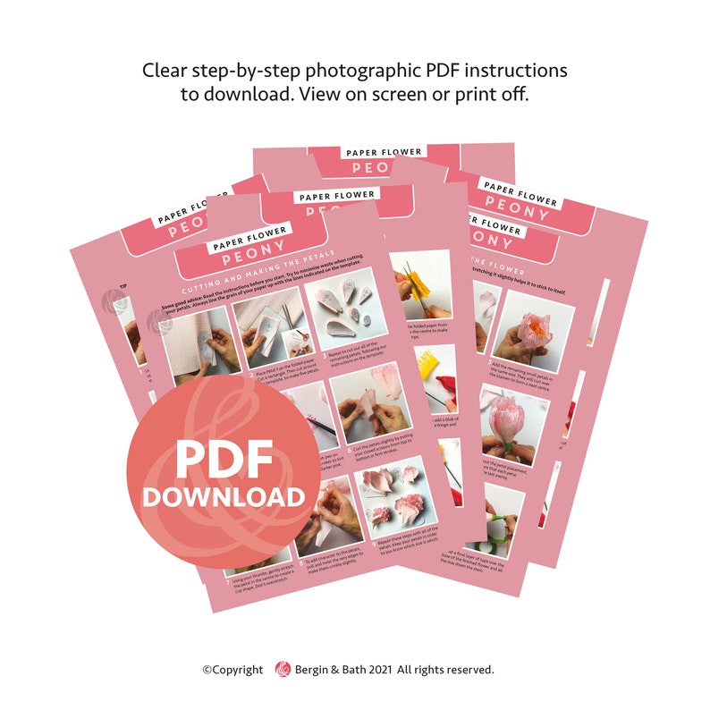 Może przedstawiać: Zestaw drukowalnych instrukcji PDF do wykonania papierowej piwonii. Instrukcje zawierają zdjęcia i tekst krok po kroku, pokazujące jak wyciąć i złożyć płatki. Tekst zawiera frazę "Cięcie i tworzenie płatk&oacute;w".