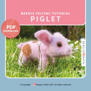 Puede incluir: Un tutorial de fieltro con aguja para hacer un lechón rosa con manchas marrones. El tutorial es una descarga PDF y está disponible en Bergin & Bath.