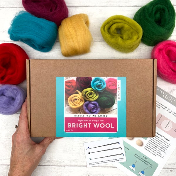 Needle felting starter kit - Brights. Merino wool roving. Felt supplies for beginners.