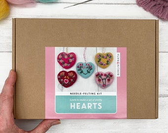 Needle felting kit - Hearts. Learn to make a set of heart decorations from natural wool fibres.