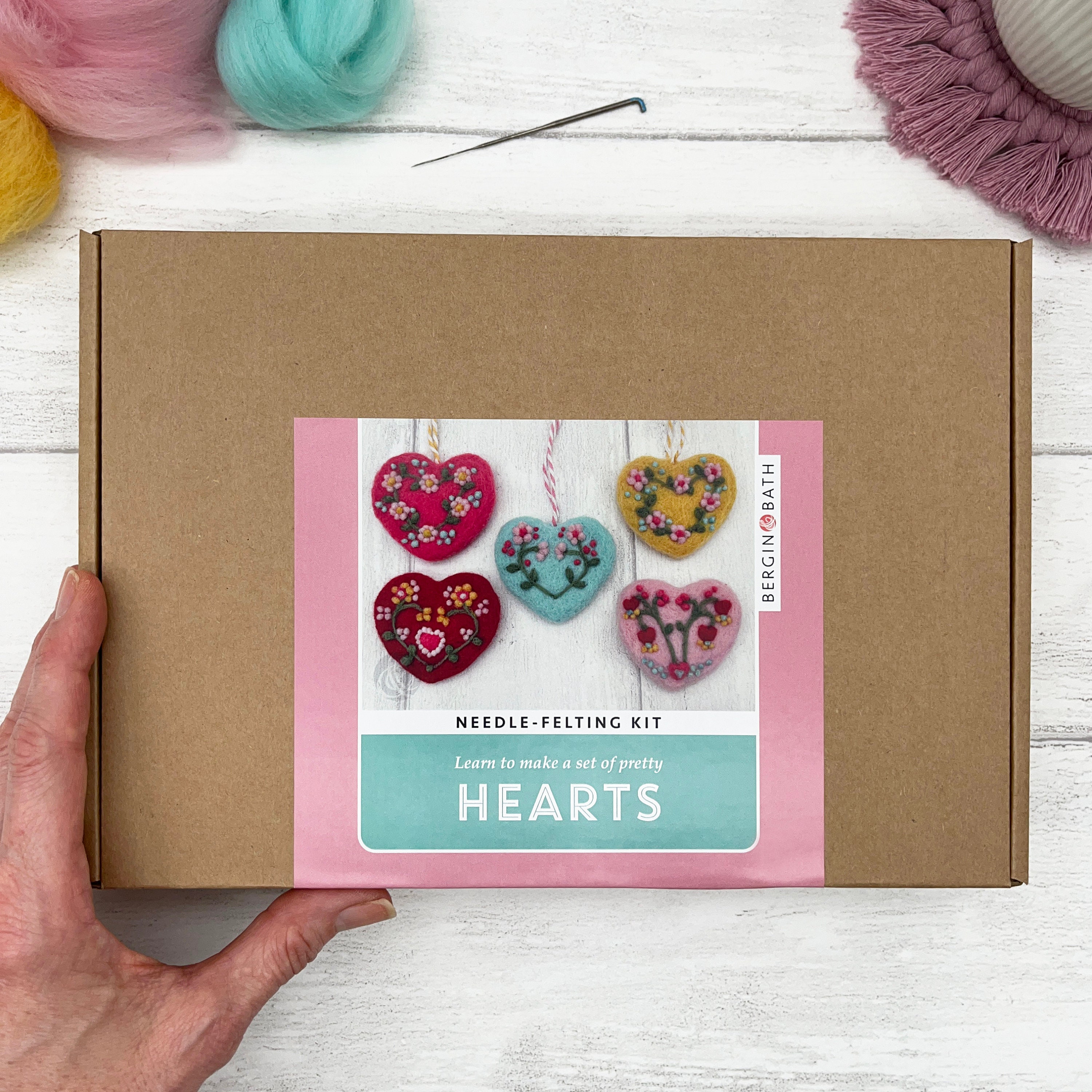 Needle felting kit - Hearts. Learn to make a set of heart decorations from natural wool fibres.