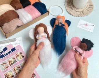 Needle Felting Kit, Fairies. Make THREE felted fairy dolls  - craft kit for adults.