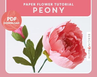 Paper Peony pattern, crepe paper flower tutorial, digital download