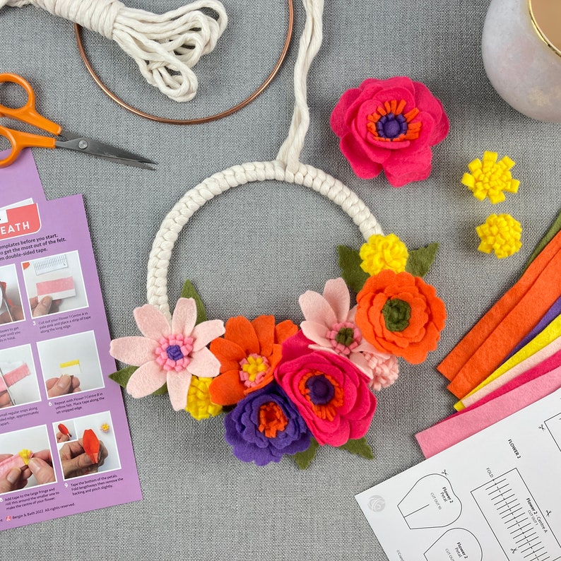 Felt Flower Wreath Kit. Make a DIY floral wreath with this craft kit for adults. Learn macrame and flower making skills. image 5