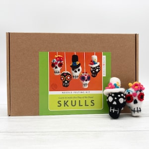 Needle felting kit - sugar skulls. Learn to make FIVE Halloween decorations from natural wool fibres.